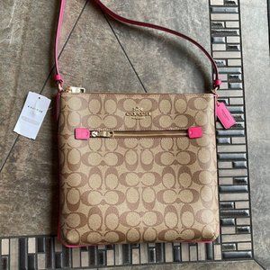 Coach Rowan File Bag In Signature Canvas Khaki / Bold Pink